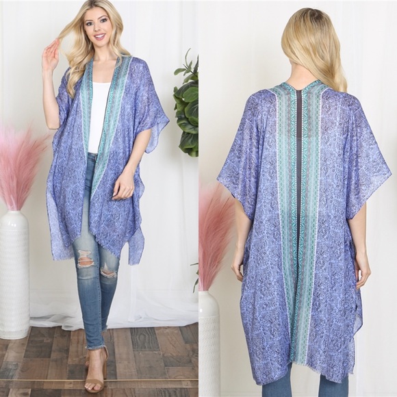 NEW ARRIVAL LIGHTWEIGHT LEAF PRINT INLINE BOHO OPEN FRONT KIMONO-TURQUOISE - Picture 2 of 7